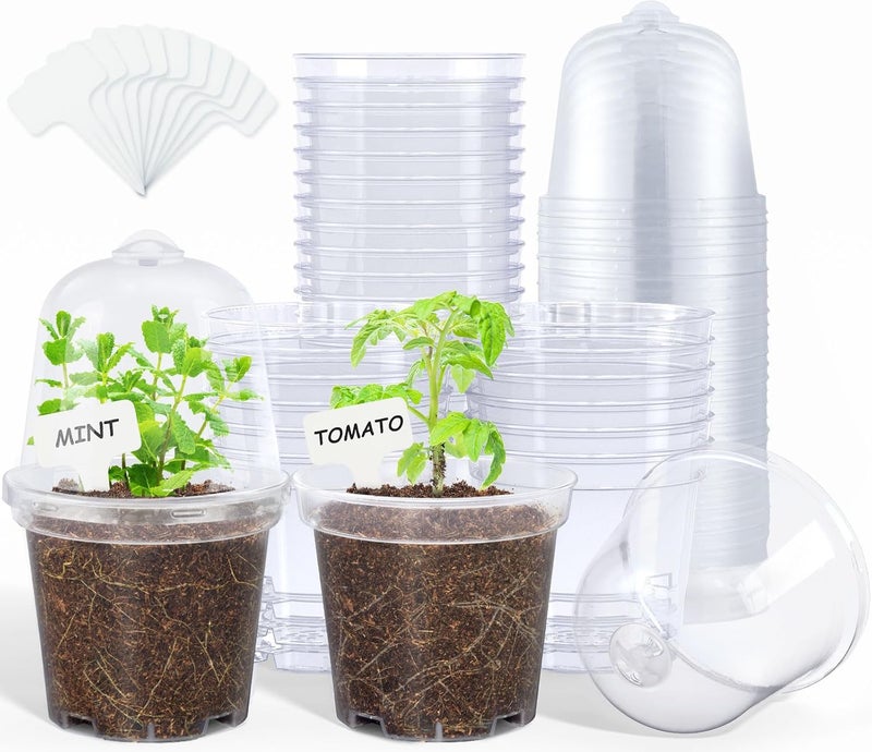 homenote Clear Nursery Pots with Humidity Domes - 4 Inch Plant Pot Set with 10 Plant Labels (30 Pack) - Image 1