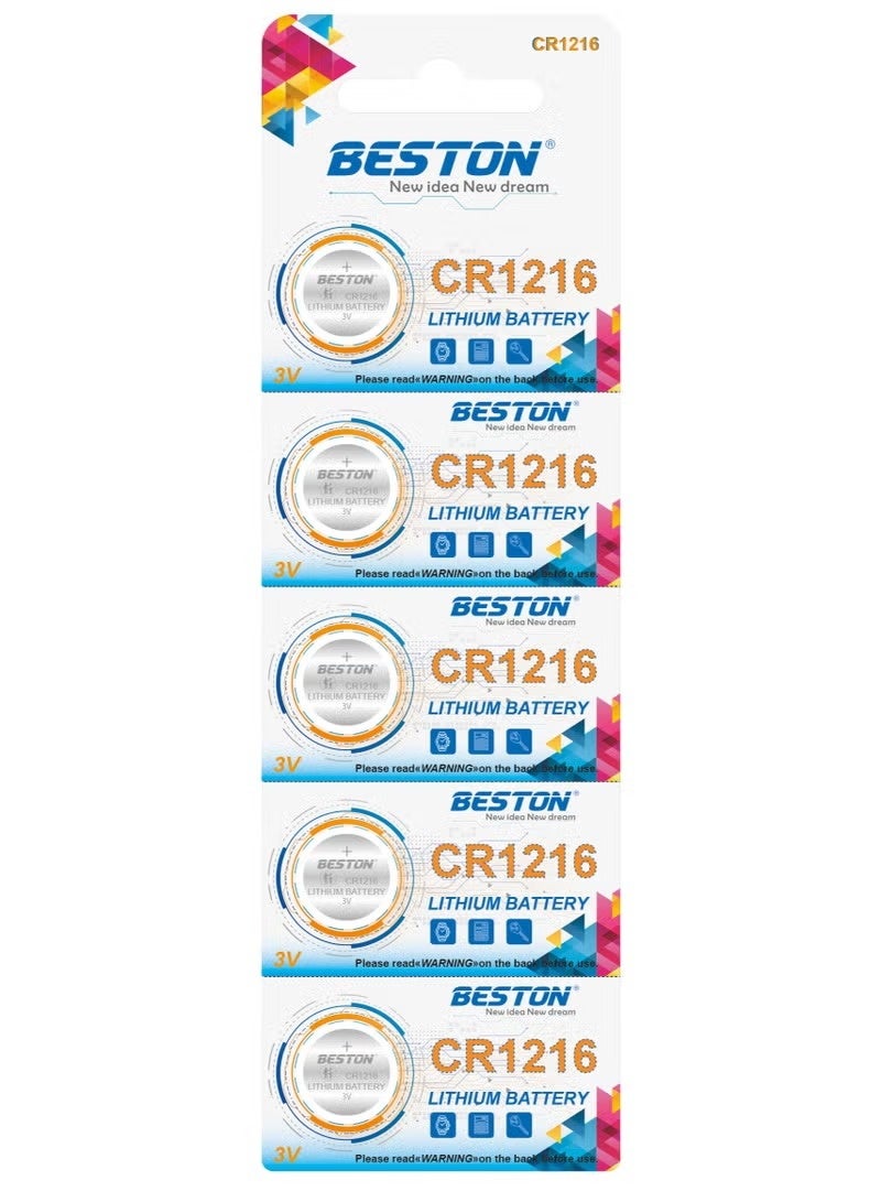 بيستون بطارية زر ليثيوم CR1216 بقوة 3 فولت، بطارية زر طويلة الأمد للساعات ومفاتيح السيارات وأجهزة التحكم عن بعد والآلات الحاسبة والأجهزة الإلكترونية الصغيرة (عبوة من 5 بطاريات) - Image 1