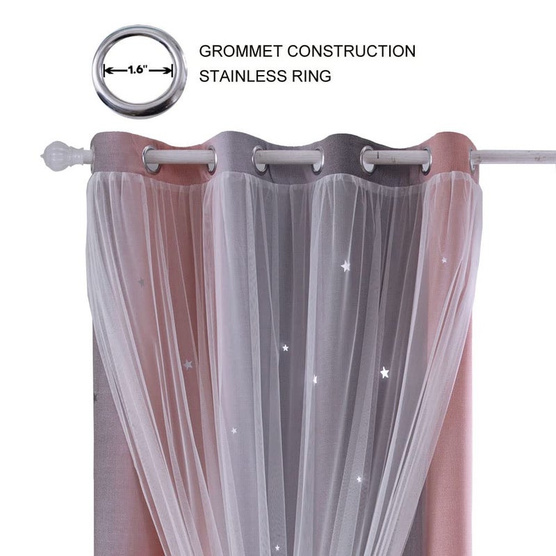 ZHUHAN Rainbow Ombre Star Cutouts Blackout Curtains for Girl Kid Nursery Bedroom and Living Room Decor Darken Double Layer Window Cute Grommet Curtains Soundproof Light (Pink Grey 52W X 95L 2- Panels) - Image 2