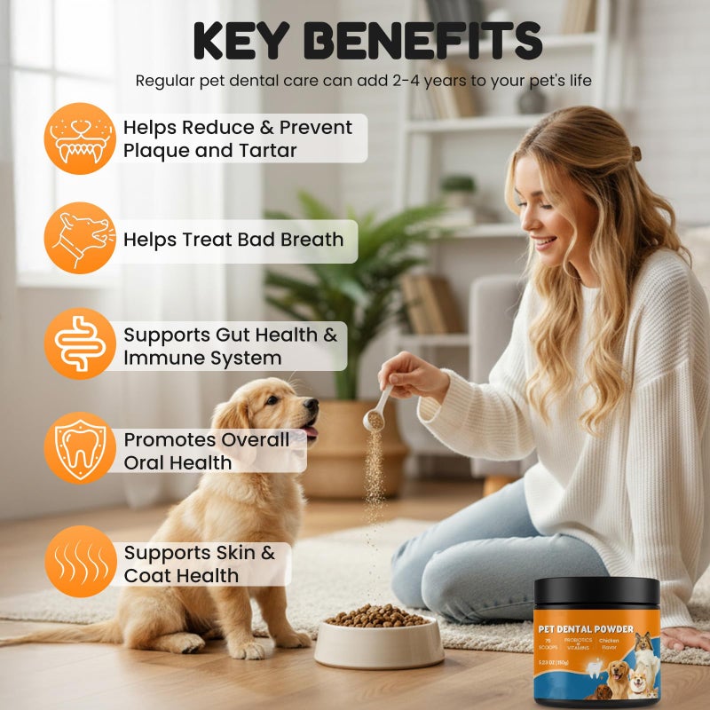 BoxZone Dog Teeth Cleaning Powder - Plaque & Tartar Control, Breath Fresheners with Natural Seaweed, Probiotics, Vitamins, Turmeric & Enzymes for All Dogs & Cats (Chicken Flavor, 75 Scoops) - Image 2