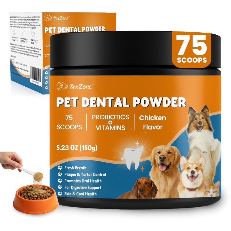 BoxZone Dog Teeth Cleaning Powder - Plaque & Tartar Control, Breath Fresheners with Natural Seaweed, Probiotics, Vitamins, Turmeric & Enzymes for All Dogs & Cats (Chicken Flavor, 75 Scoops) - Image 1