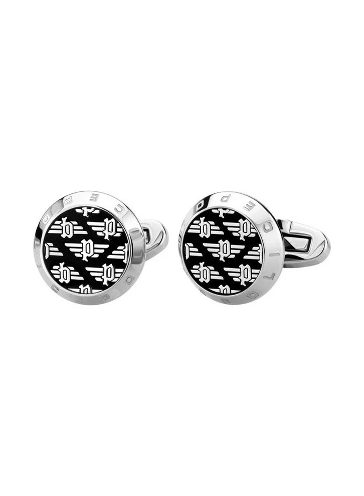 POLICE Black and Silver Brushed Dial P Logo Cufflinks for Men