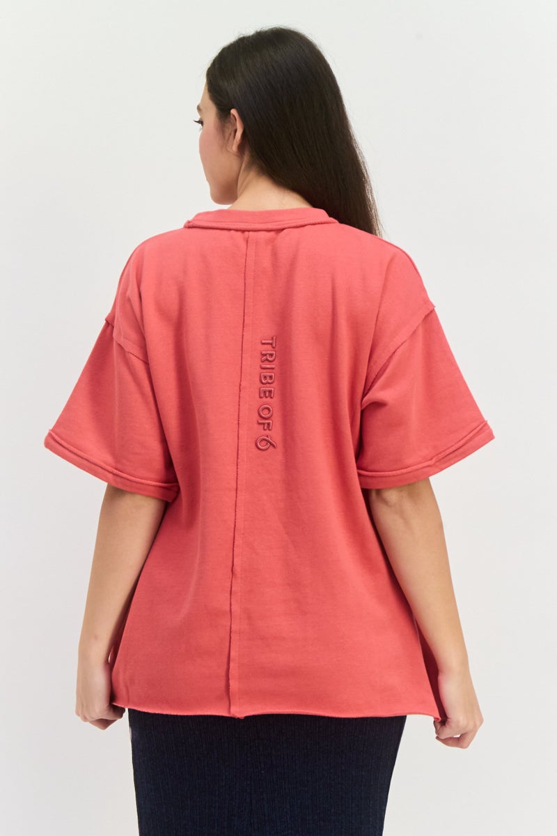 TRIBE OF 6 Women Round Neck Short Sleeves Plain Top, Red - Image 3