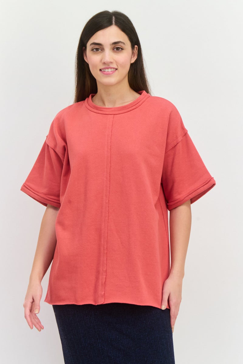 TRIBE OF 6 Women Round Neck Short Sleeves Plain Top, Red - Image 1