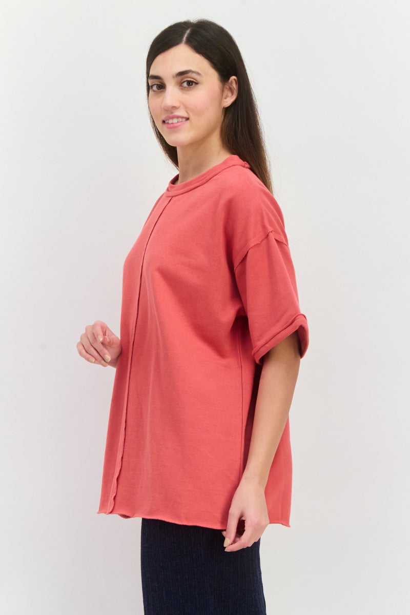 TRIBE OF 6 Women Round Neck Short Sleeves Plain Top, Red - Image 2