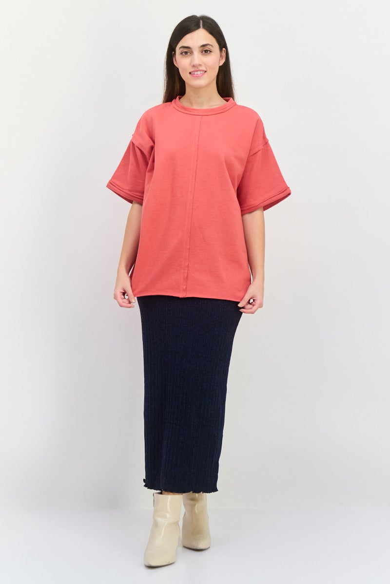 TRIBE OF 6 Women Round Neck Short Sleeves Plain Top, Red - Image 4