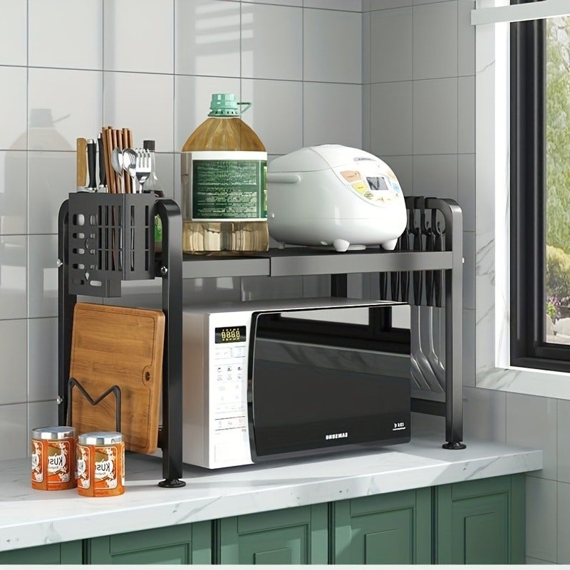 Available in 2 Colors - Expandable Kitchen Storage Rack, Suitable for Microwaves and Ovens | Black Metal Countertop Organizer with Open Shelving, Ideal for Storing Spices, Tableware, Cookware, and Appliances | Functional Kitchen Rack | Black Metal - Image 4
