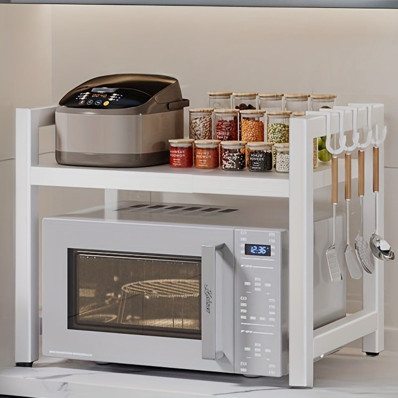 Available in 2 Colors - Expandable Kitchen Storage Rack, Suitable for Microwaves and Ovens | Black Metal Countertop Organizer with Open Shelving, Ideal for Storing Spices, Tableware, Cookware, and Appliances | Functional Kitchen Rack | Black Metal - Image 3