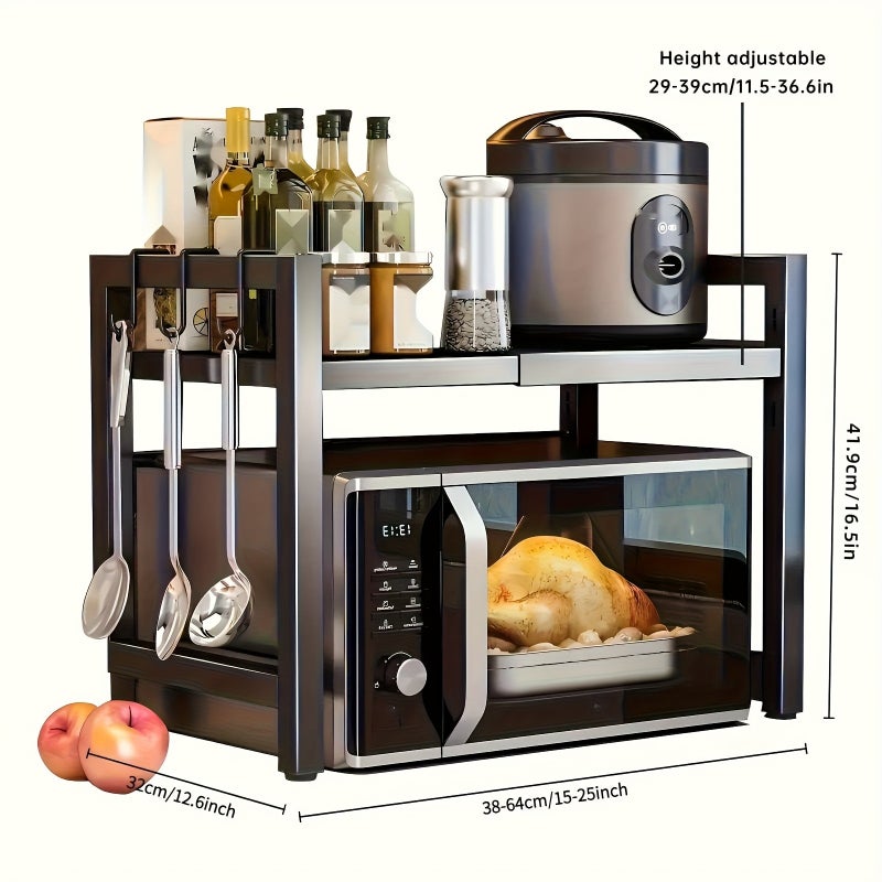 Available in 2 Colors - Expandable Kitchen Storage Rack, Suitable for Microwaves and Ovens | Black Metal Countertop Organizer with Open Shelving, Ideal for Storing Spices, Tableware, Cookware, and Appliances | Functional Kitchen Rack | Black Metal - Image 2