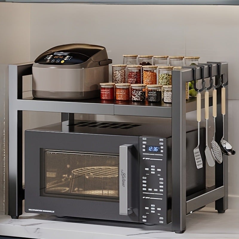 Available in 2 Colors - Expandable Kitchen Storage Rack, Suitable for Microwaves and Ovens | Black Metal Countertop Organizer with Open Shelving, Ideal for Storing Spices, Tableware, Cookware, and Appliances | Functional Kitchen Rack | Black Metal - Image 1