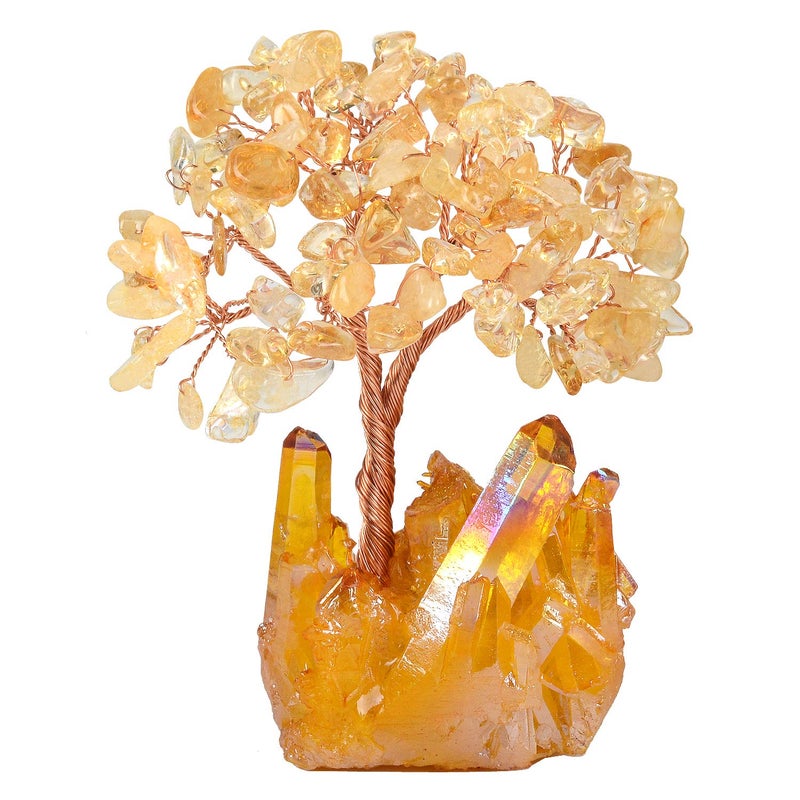 MASGEMES Natural Citrine Gemstone Crystal Tree of LifeYellow Titanium Crystal Base Chakra Positive Energy Feng Shui Bonsai Money Tree for Wealth and Luck