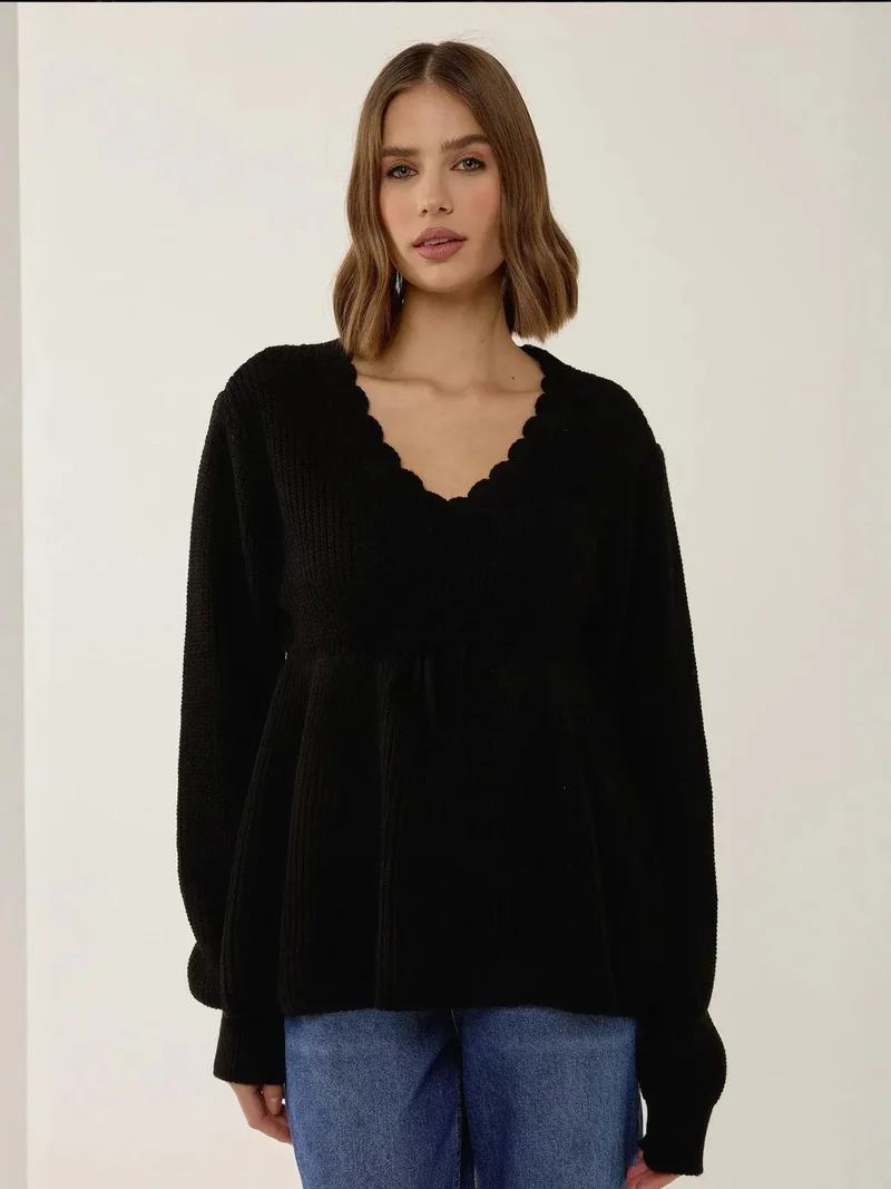 Hiccup Sliced V-Neck Sweater with Tied Up Detail
