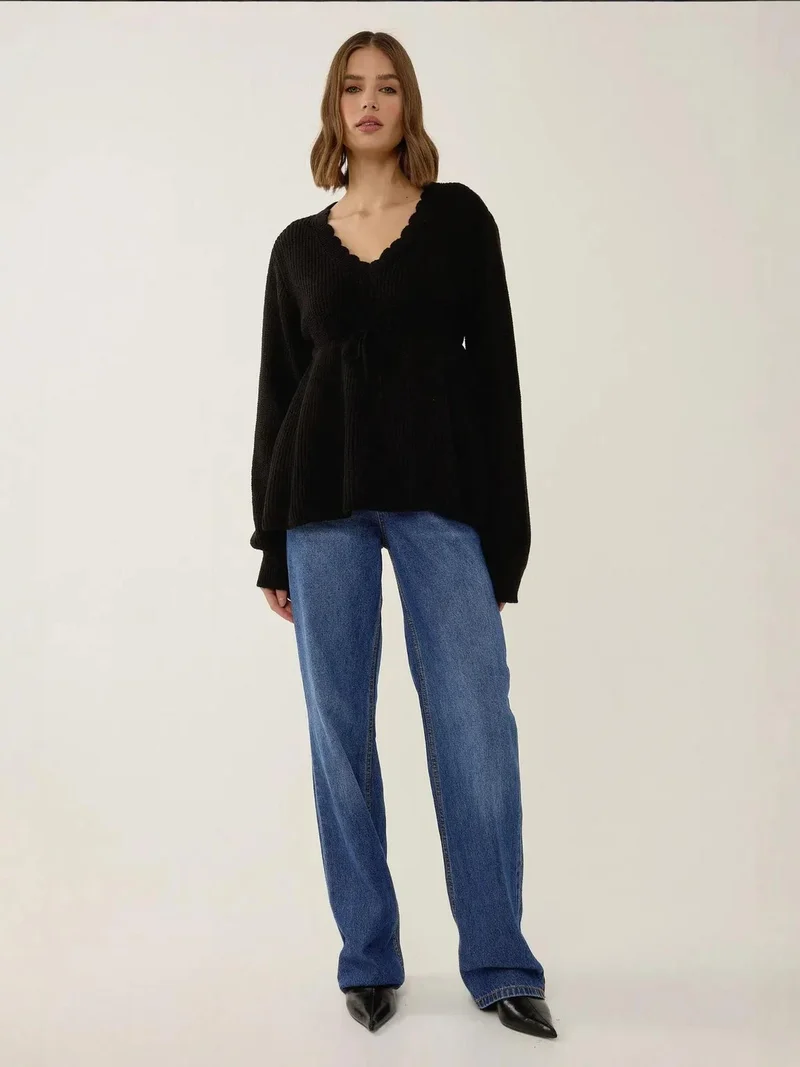Hiccup Sliced V-Neck Sweater with Tied Up Detail