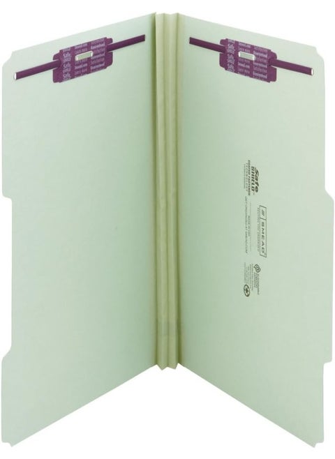 Smead Pressboard Fastener File Folder with SafeSHIELD Fasteners, 2 Fasteners, 2/5-Cut Tab Right of Center Position, Guide Height, 2" Expansion, Legal Size, Gray/Green, 25 per Box (19982)