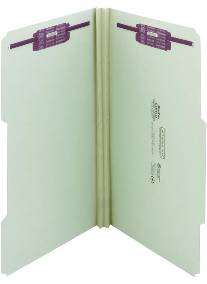 Smead Smead Pressboard Fastener File Folder with SafeSHIELD Fasteners, 2 Fasteners, 2/5-Cut Tab Right of Center Position, Guide Height, 2" Expansion, Legal Size, Gray/Green, 25 per Box (19982) 