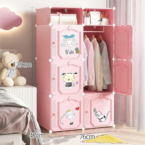 Zemic Collapsible Wardrobe for Clothes - DIY 𝟔 𝐂𝐮𝐛𝐞 Plastic Almirah for Clothes with Doors, Side Hanger, Foldable Wardrobe for Storage for Kitchen Home, Living, Office (Pink, 6 Cube) - Image 2