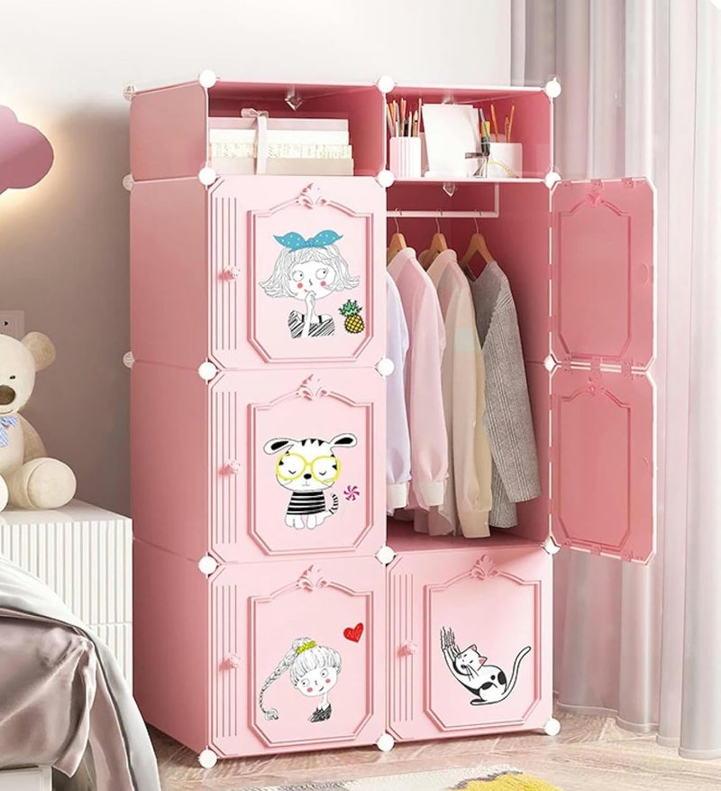 Zemic Collapsible Wardrobe for Clothes - DIY 𝟔 𝐂𝐮𝐛𝐞 Plastic Almirah for Clothes with Doors, Side Hanger, Foldable Wardrobe for Storage for Kitchen Home, Living, Office (Pink, 6 Cube) - Image 1