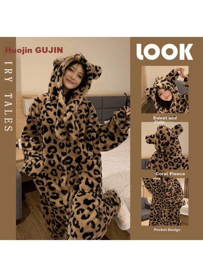 Gujin Women's Autumn Winter Coral Fleece Fashion Leopard Print Long Plush Robe With Fleece Pajama Pants Homewear Bathrobe Warm Set - Image 2