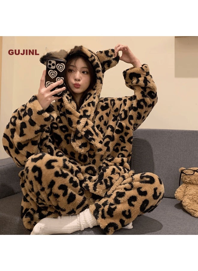 Gujin Women's Autumn Winter Coral Fleece Fashion Leopard Print Long Plush Robe With Fleece Pajama Pants Homewear Bathrobe Warm Set - Image 3