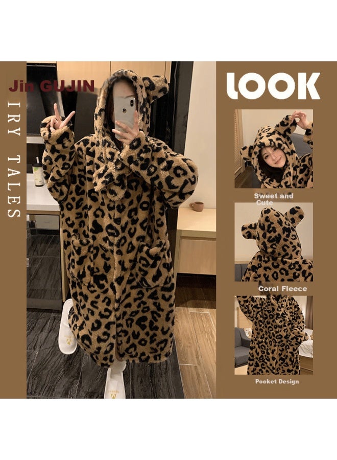 Gujin Women's Autumn Winter Coral Fleece Fashion Leopard Print Long Plush Robe With Fleece Pajama Pants Homewear Bathrobe Warm Set - Image 1