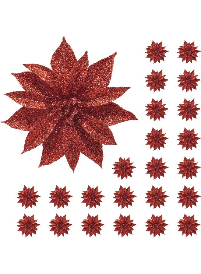 BANBERRY DESIGNS Poinsettia Christmas Decorations - Red Poinsettias Glittered Clip-on Flowers - Set of 24 - Ornaments - Holiday Decoration - Each is 4" D - Christmas Decor - Crafting Accessories - Each is $.70 - Image 1