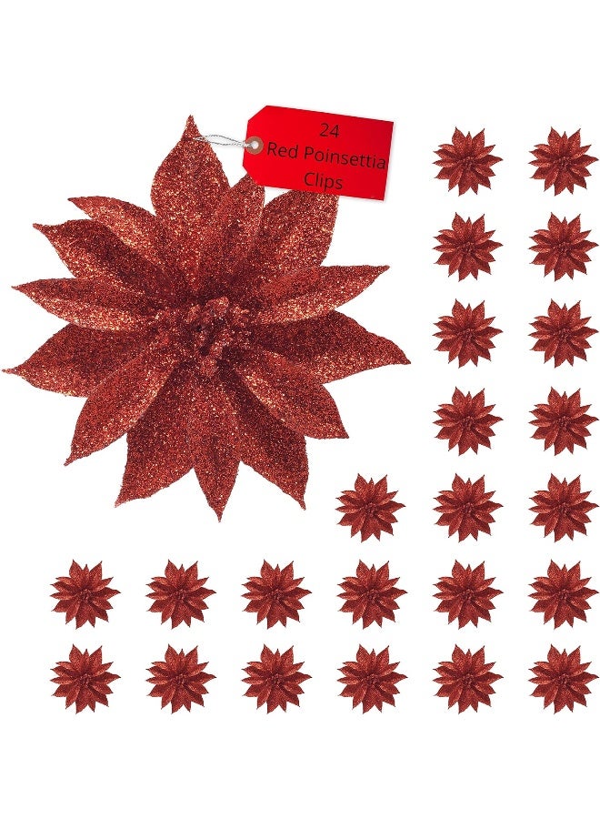 BANBERRY DESIGNS Poinsettia Christmas Decorations - Red Poinsettias Glittered Clip-on Flowers - Set of 24 - Ornaments - Holiday Decoration - Each is 4" D - Christmas Decor - Crafting Accessories - Each is $.70 - Image 2