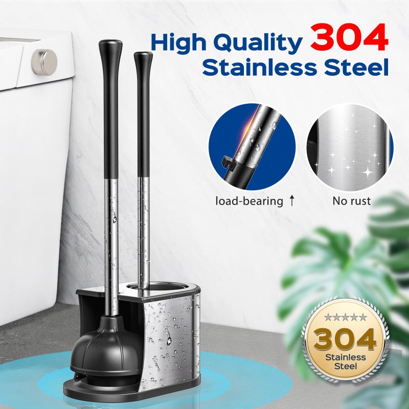 HAMITOR Toilet Plunger and Brush Set: 2 in 1 Stainless Steel Bowl Brush with Holder, Deep-Cleaning Curved Bristles and Heavy Duty Unclogger, Compact Design for Household & Hotel, Silver, 2-Pack - Image 2