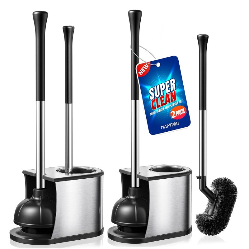 HAMITOR Toilet Plunger and Brush Set: 2 in 1 Stainless Steel Bowl Brush with Holder, Deep-Cleaning Curved Bristles and Heavy Duty Unclogger, Compact Design for Household & Hotel, Silver, 2-Pack - Image 1