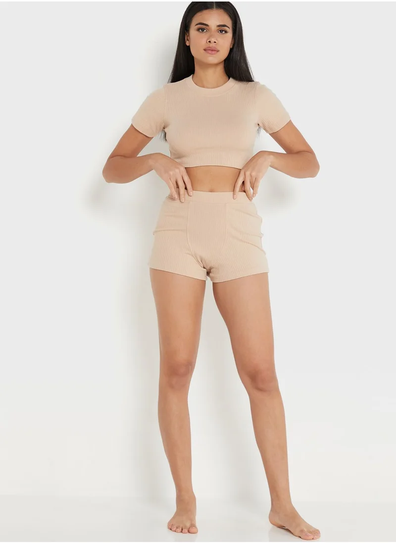 NASTY GAL Ribbed Crop Top & Shorts Set