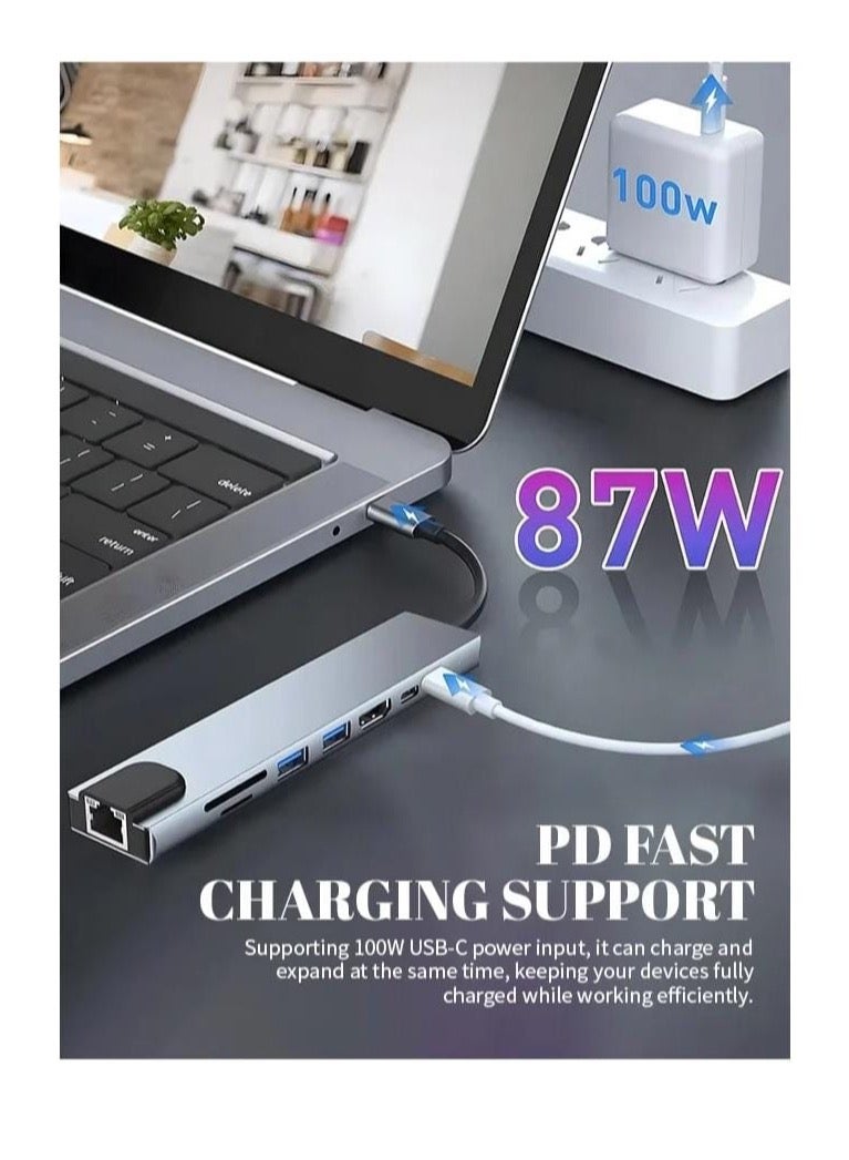 "8-in-1 USB Type-C Hub with 4K HDMI, RJ45 Ethernet, SD/TF Card Reader, 2 USB 3.0 Ports, Type-C PD Charging – Compatible with MacBook, Windows Laptops" - Image 1