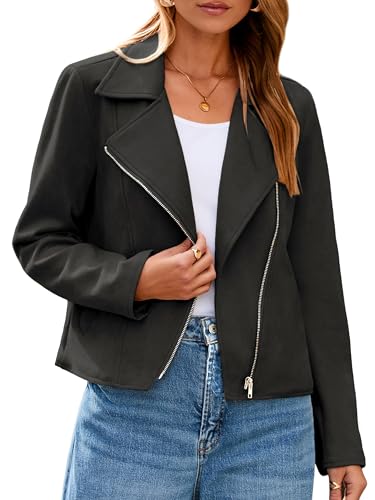 Glamaker Womens Faux Suede Jackets Long Sleeve Casual Cropped Zipper Biker Moto Jacket Fall Winter Outfits(Black,Large) - Image 1