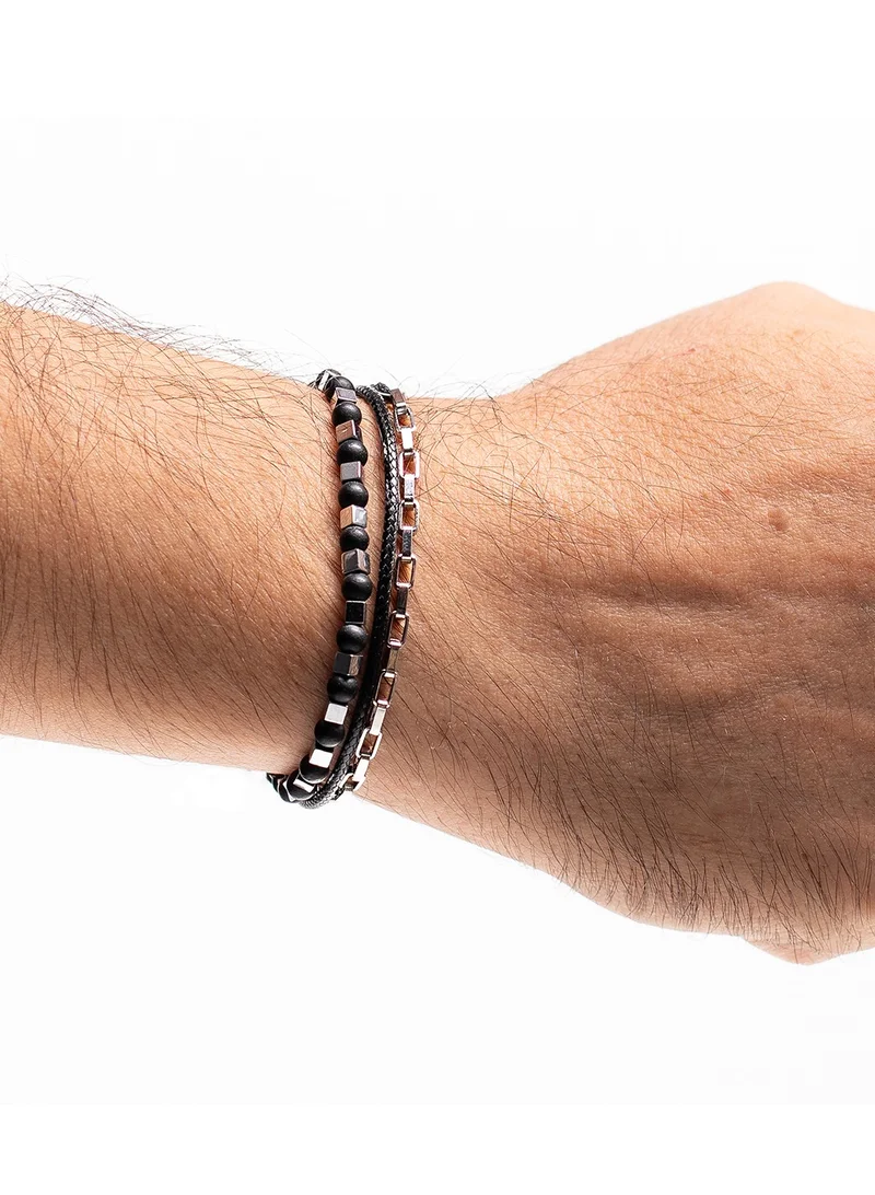 CHRYSOSTOMOS Handmade Adjustable Beaded Multi-Line Bracelet with Onyx, Squared Hematite, Cords and Braided Chain