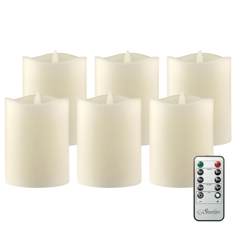 Stonebriar 6 Count Real Ivory Wax 3x4 Flameless LED Pillar Candles with Remote and Timer