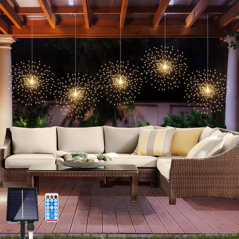 LOFTOLMEA 5 Pack Solar Firework Lights 450 LED 8 Modes Dimmable Waterproof Hanging DIY Starburst Fairy Lights with Timer for Party Garden Indoor Outdoor Decoration Warm White 450 - Image 2