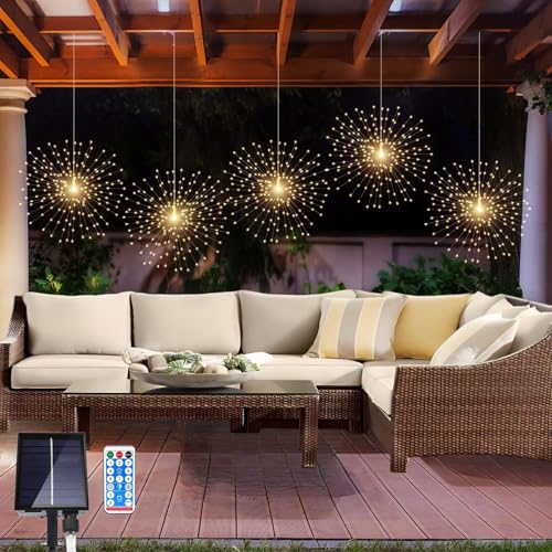 LOFTOLMEA 5 Pack Solar Firework Lights 450 LED 8 Modes Dimmable Waterproof Hanging DIY Starburst Fairy Lights with Timer for Party Garden Indoor Outdoor Decoration Warm White 450 - Image 1