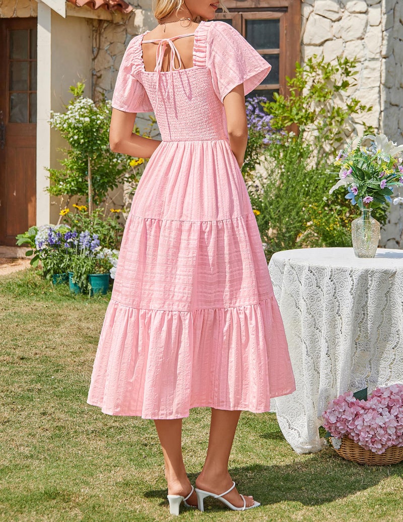 MEROKEETY Women's 2026 Summer Flowy Midi Maxi Dress Short Sleeve Square Neck Smocked Tiered Ruffle Boho Dresses with Pockets, Pink, Large - Image 4