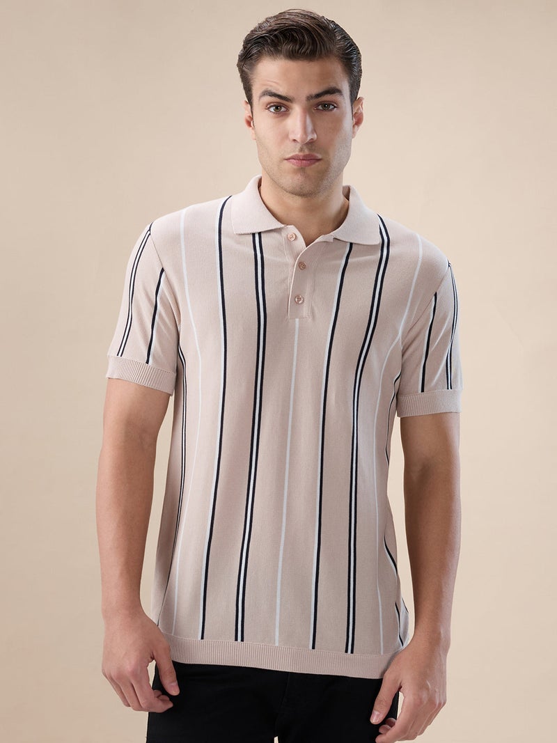 STATUS QUO Striped Regular Fit Beige Polo T-shirt - Image 1