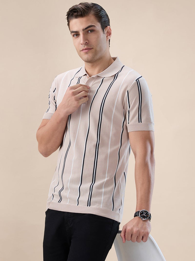 STATUS QUO Striped Regular Fit Beige Polo T-shirt - Image 2