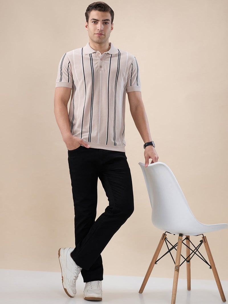 STATUS QUO Striped Regular Fit Beige Polo T-shirt - Image 5