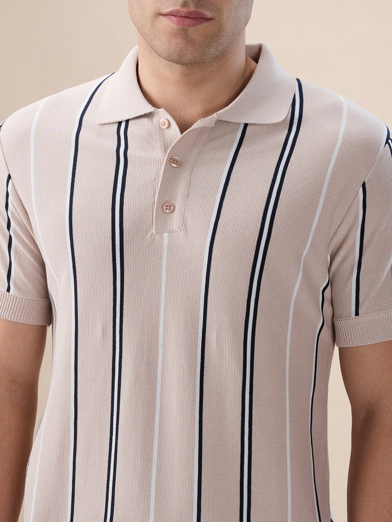 STATUS QUO Striped Regular Fit Beige Polo T-shirt - Image 4