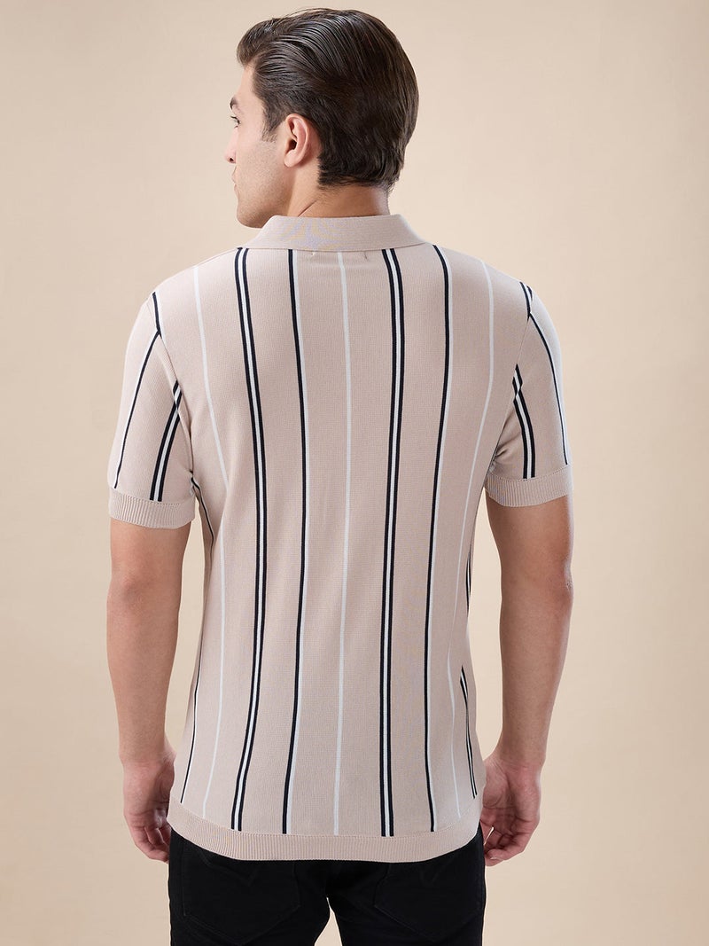 STATUS QUO Striped Regular Fit Beige Polo T-shirt - Image 3