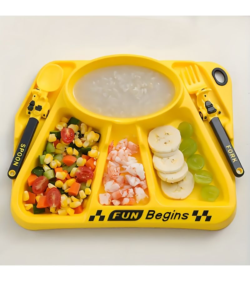 Blue Cartoon Motorcycle Dinnerware Set With Fork Spoon Plate And Bowl Non Slip Heat Resistant Easy Clean - Image 1