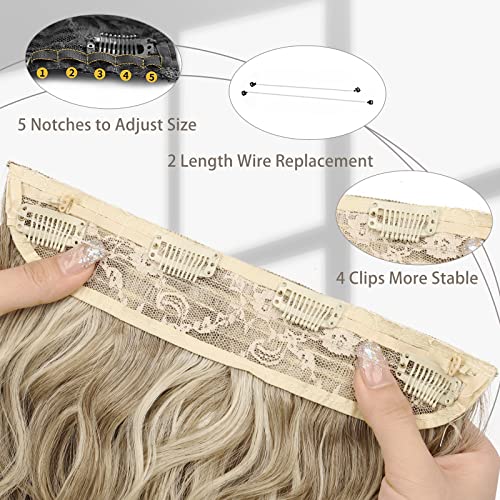 MORICA Halo Hair Extensions, 20 Inch Invisible Wire Hair Extensions Long Wavy Synthetic Hairpiece with Transparent Wire Adjustable Size, 4 Secure Clips for Women (Ash Blonde Mixed Light Blonde,20Inch) - Image 3