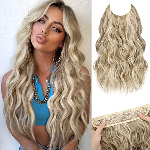 MORICA Halo Hair Extensions, 20 Inch Invisible Wire Hair Extensions Long Wavy Synthetic Hairpiece with Transparent Wire Adjustable Size, 4 Secure Clips for Women (Ash Blonde Mixed Light Blonde,20Inch) - Image 1