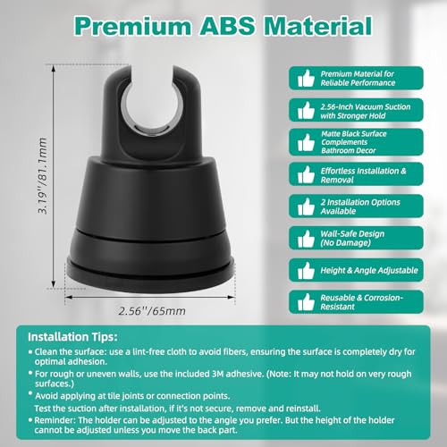 Hibbent Vacuum Suction Cup Shower Head Holder Removable Showerhead Bracket Height Adjustable Shower Wand Holder Wall Mount ABS Plastic Suction Holder for Handheld Shower Head Matte Black - Image 3