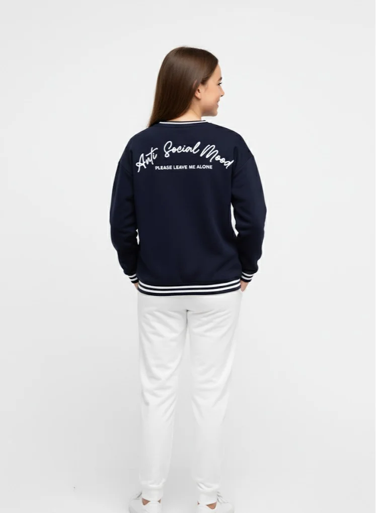 victor and jane V-Neck "Anti Social Mood" Sweatshirt – Navy | 100% Cotton Fleece |