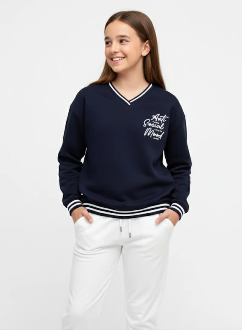 victor and jane V-Neck "Anti Social Mood" Sweatshirt – Navy | 100% Cotton Fleece |