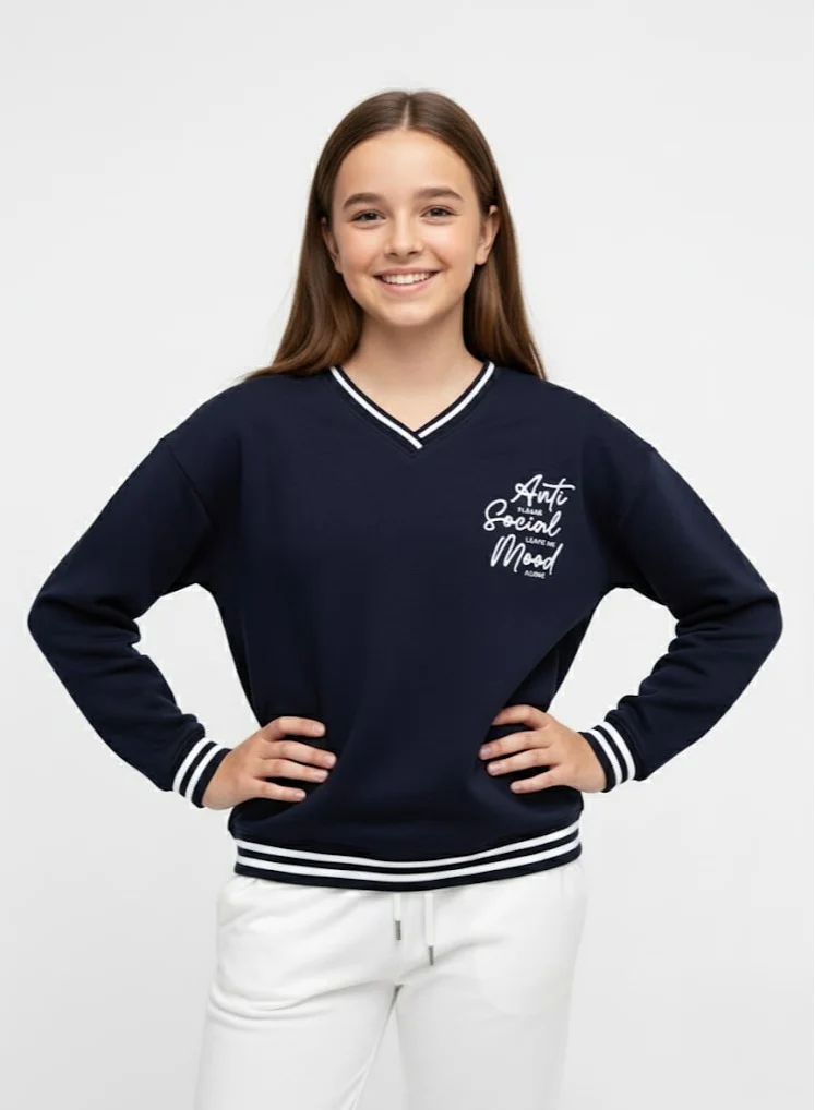victor and jane V-Neck "Anti Social Mood" Sweatshirt – Navy | 100% Cotton Fleece |