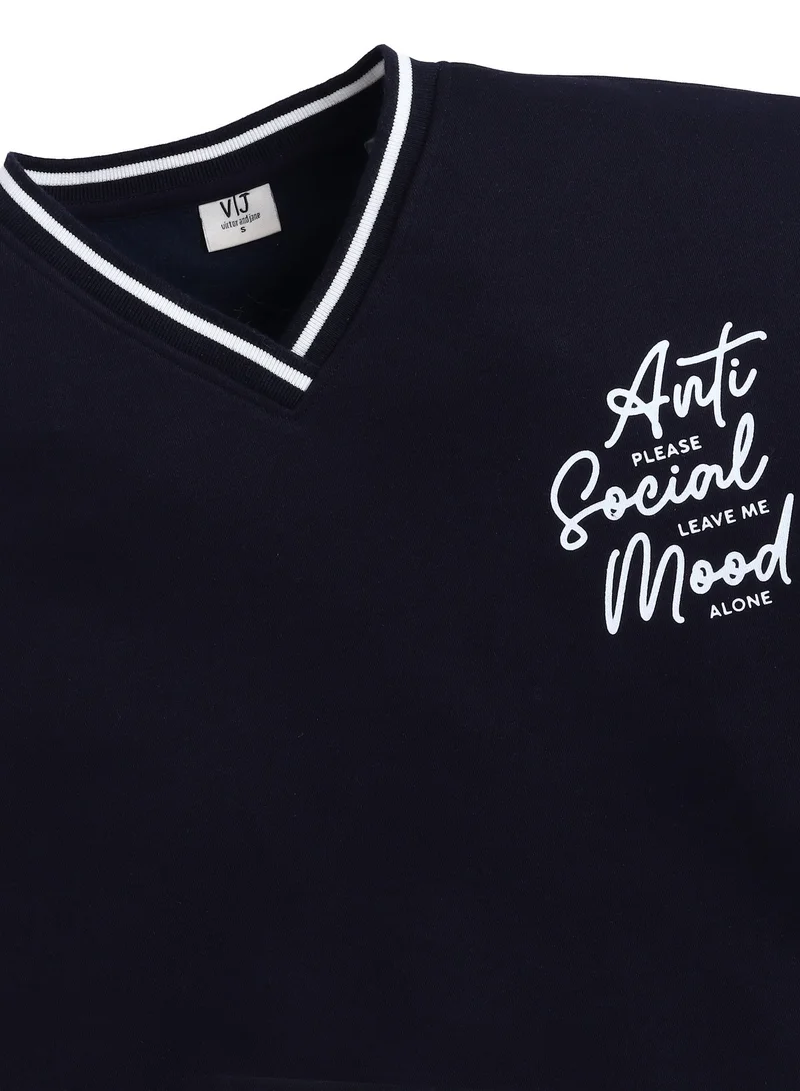 Victor And Jane  V-Neck "Anti Social Mood" Sweatshirt – Navy | 100% Cotton Fleece | for Women | Best Price UAE