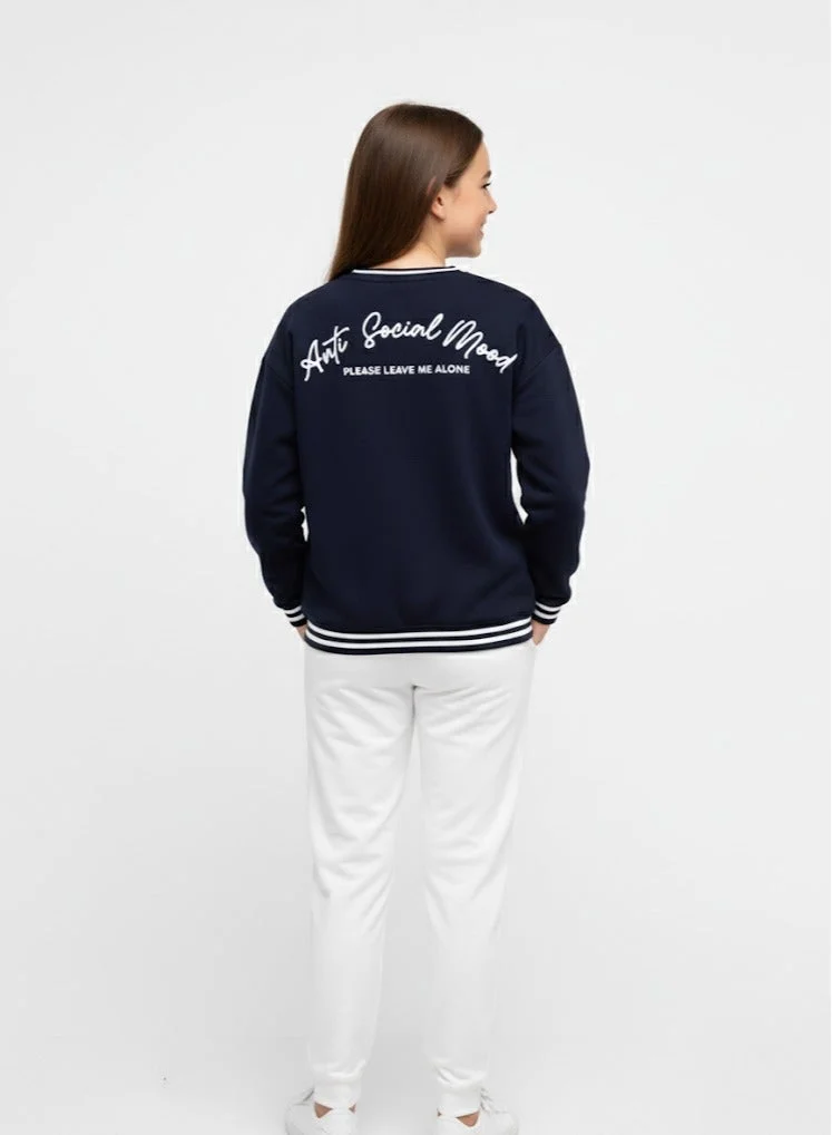 Victor And Jane  V-Neck "Anti Social Mood" Sweatshirt – Navy | 100% Cotton Fleece | for Women | Best Price UAE